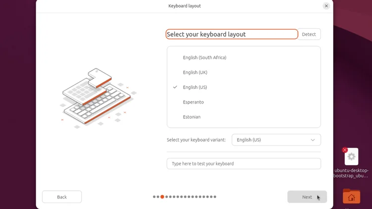 The Ubuntu installer Select your keyboard layout screen with English (US) selected.