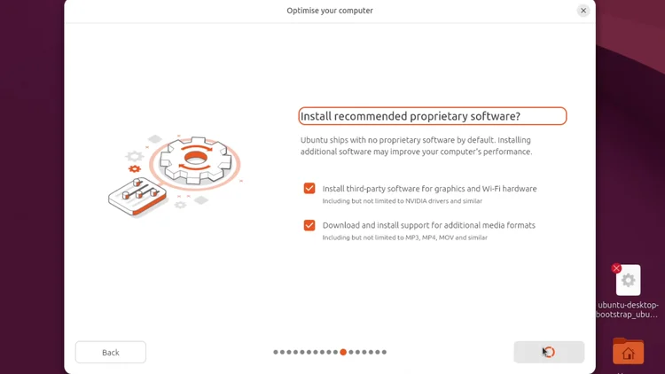 The Ubuntu installer Install recommended proprietary software screen with both options ticked.