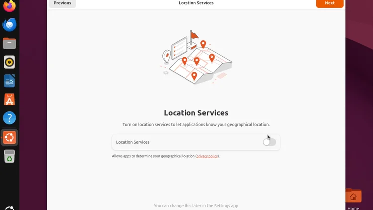 The Ubuntu first-run Location Services screen with the Location Services switch off.