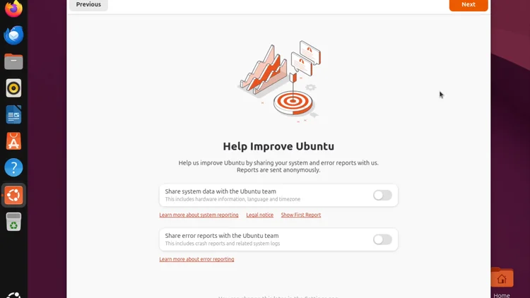 The Ubuntu first-run Help Improve Ubuntu screen with both sharing switches off.