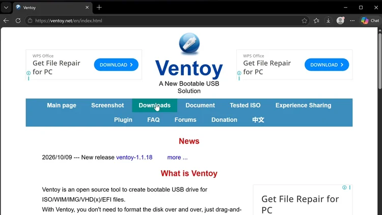 The ventoy.net home page with the Downloads tab highlighted.