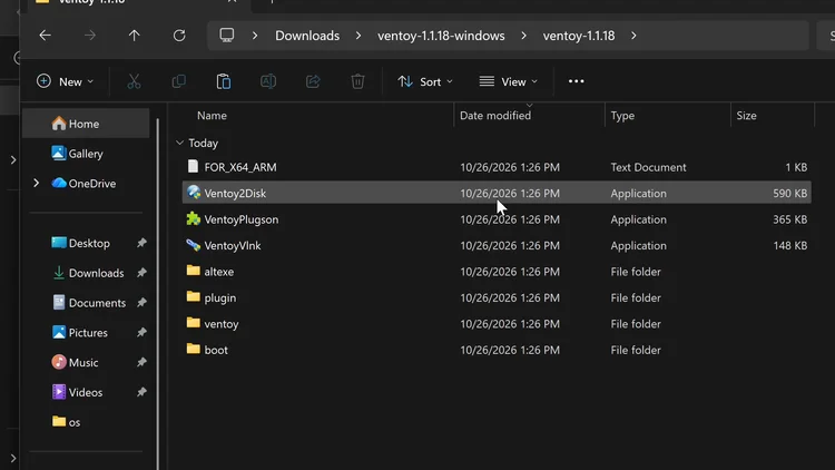 The Ventoy folder in File Explorer with the Ventoy2Disk application highlighted.