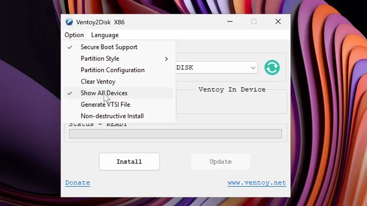The Ventoy2Disk window with the Option menu open and Show All Devices ticked.