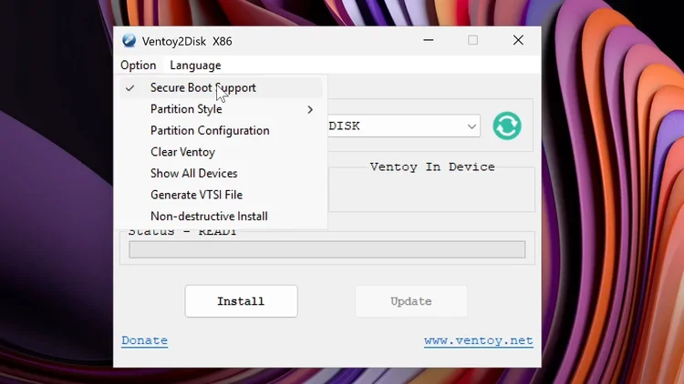 The Ventoy2Disk window with the Option menu open and Secure Boot Support ticked.