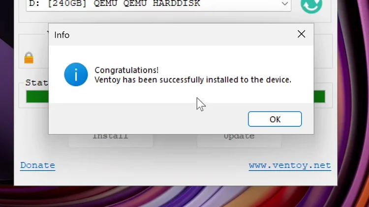 The Ventoy2Disk Info dialog saying Congratulations, Ventoy has been successfully installed to the device.