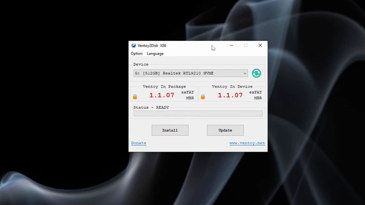 Ventoy2Disk installer window with the external NVMe SSD selected in the device dropdown, ready to install