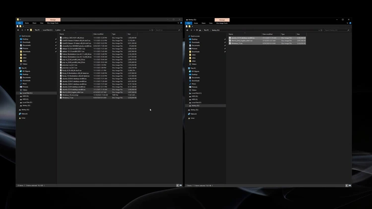 File Explorer showing three ISO files, Ubuntu, Windows 10, and Windows 11, copied onto the Ventoy drive