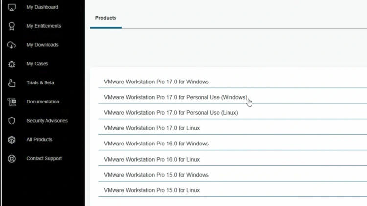 Screenshot of the VMware customer portal Products page showing the list of VMware Workstation Pro download options, with "VMware Workstation Pro 17.0 for Personal Use (Windows)" selected.