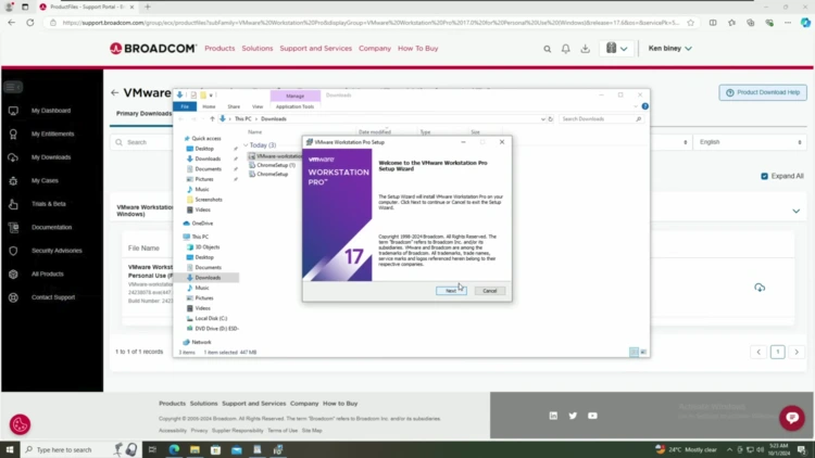 Screenshot of the VMware Workstation Pro Setup Wizard welcome screen after launching the downloaded installer from the Windows Downloads folder.