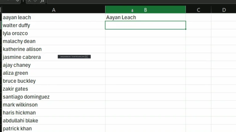 Column B showing the PROPER function result (proper-cased text) next to the original data in column A