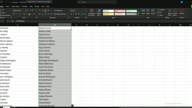 All rows in column B populated with proper-cased results after filling down