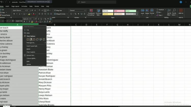 Right-click context menu showing Paste Special → Values option over selected cells