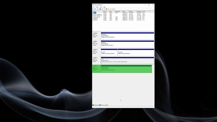 Disk Management window with Disk 4 highlighted in green, showing the target drive selected for formatting.