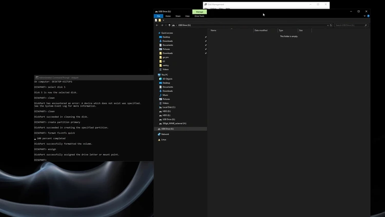 Command Prompt showing DiskPart successfully formatted and assigned the drive letter, with the new USB Drive visible in File Explorer.