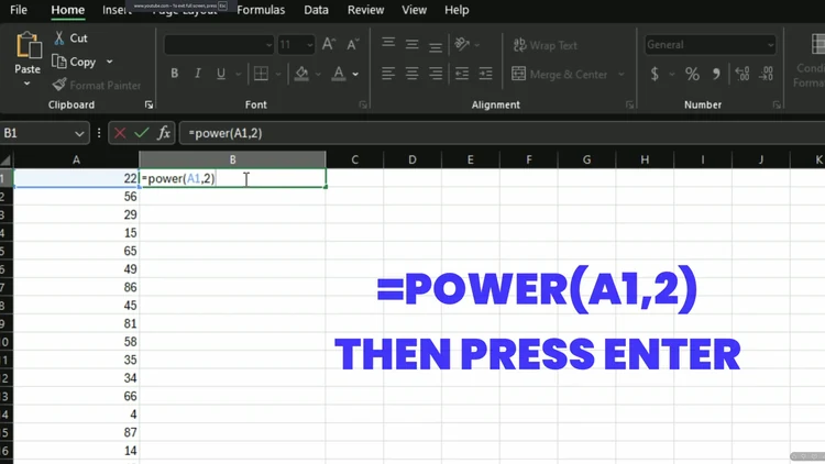 Excel showing cell B1 with the POWER formula =POWER(A1,2) entered in the formula bar