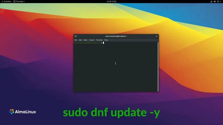 GNOME Terminal on AlmaLinux 8 running "sudo dnf update -y" to refresh the package list