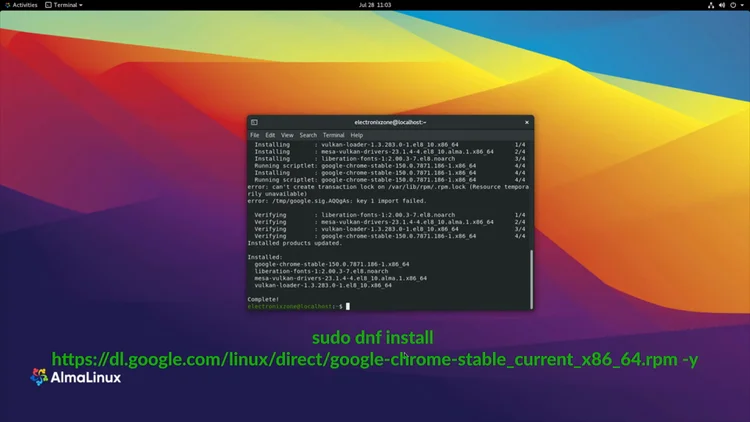 DNF install output showing the two harmless error lines ("can't create transaction lock" and "key 1 import failed") followed by the verified "Complete!" install