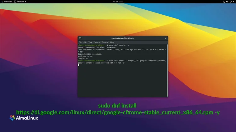 GNOME Terminal on AlmaLinux 8 running "sudo dnf install" with Google's official Chrome RPM URL