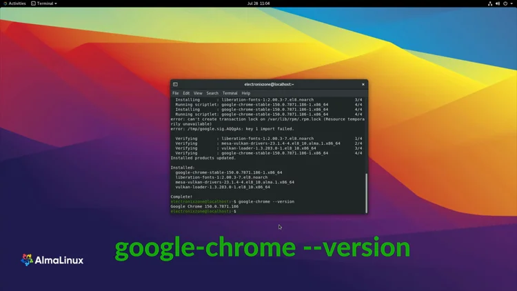 GNOME Terminal showing "google-chrome --version" outputting "Google Chrome 150.0.7871.186"