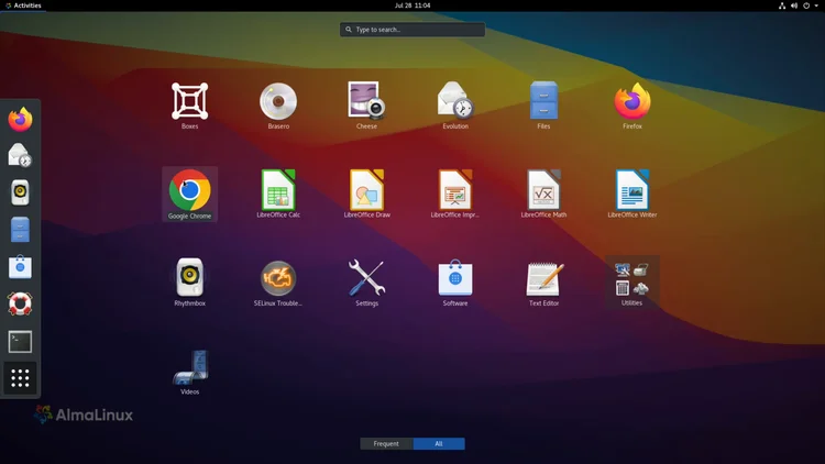 Google Chrome visible in the AlmaLinux 8 GNOME applications grid, ready to launch