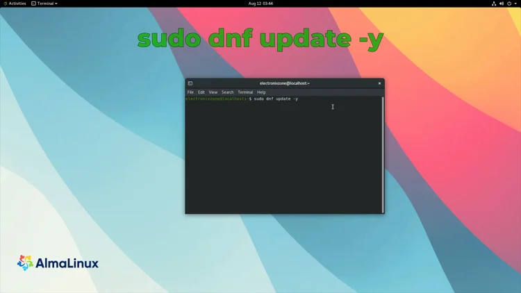 GNOME Terminal on AlmaLinux 9 with the sudo dnf update -y command entered at the prompt