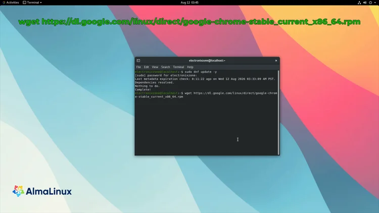 GNOME Terminal showing the completed dnf update and the wget download of the Google Chrome RPM