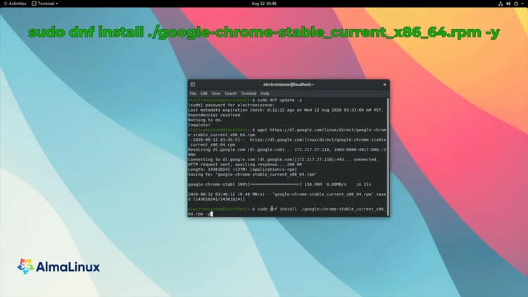 GNOME Terminal showing the completed Chrome RPM download and the sudo dnf install command