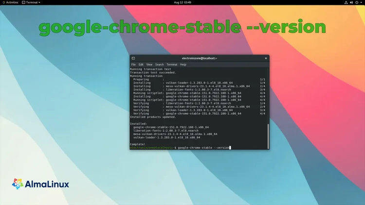 GNOME Terminal showing the completed Chrome install and the google-chrome-stable --version command