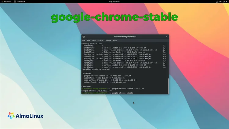 GNOME Terminal showing the Chrome version output and the google-chrome-stable launch command