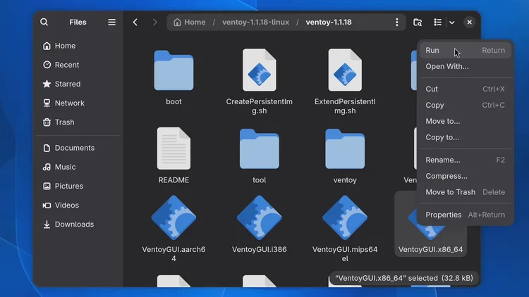 The Files app in the Ventoy folder with the right-click menu open on the VentoyGUI.x86_64 file and Run at the top of the menu.