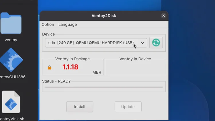 The Ventoy2Disk window with a 240 GB drive selected in the Device menu and the Install and Update buttons below.