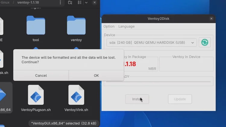A Ventoy2Disk warning dialog saying the device will be formatted and all the data will be lost, with Cancel and OK buttons.