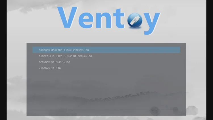 The Ventoy boot menu listing cachyos-desktop-linux-260628.iso, clonezilla-live-3.3.2-31-amd64.iso, proxmox-ve_9.2-1.iso and Windows_11.iso.
