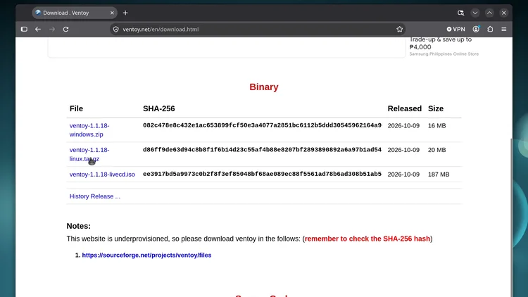 The ventoy.net download page with the Binary table and the pointer on the linux.tar.gz file.