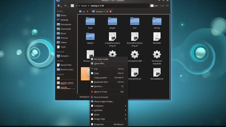 The Dolphin file manager in the Ventoy folder with the right-click menu open on the VentoyGUI.x86_64 file and Run Executable at the top of the menu.