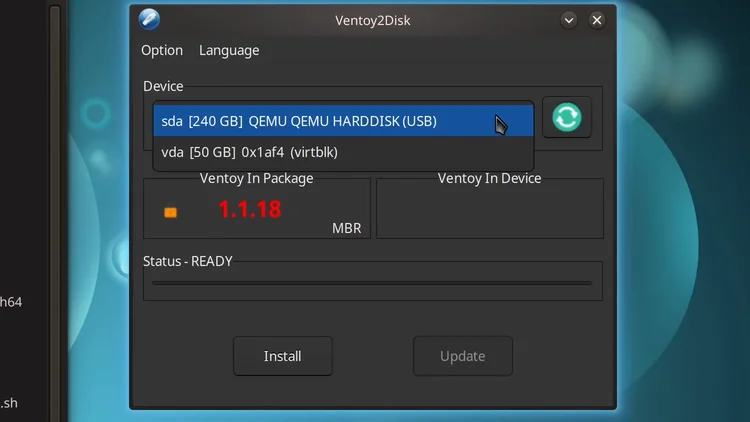 The Ventoy2Disk window with the Device menu open, listing a 240 GB USB drive and a 50 GB internal drive.