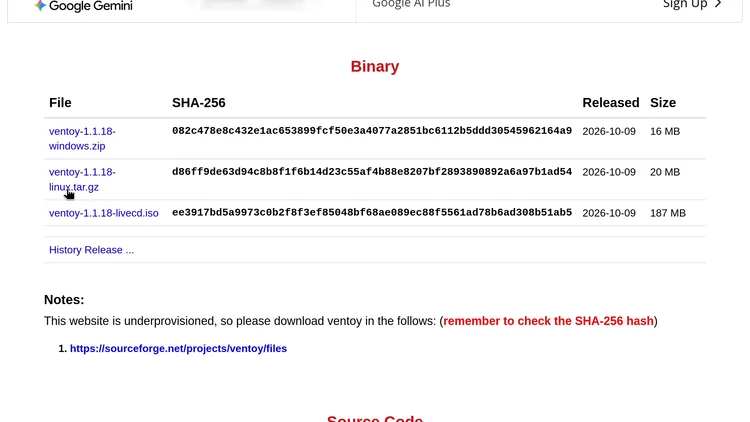 The ventoy.net download page with the Binary table and the pointer on the linux.tar.gz file.