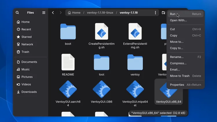 The file manager in the Ventoy folder with the right-click menu open on the VentoyGUI.x86_64 file and Run at the top of the menu.