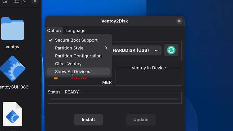 The Ventoy2Disk window with the Option menu open and Show All Devices highlighted.