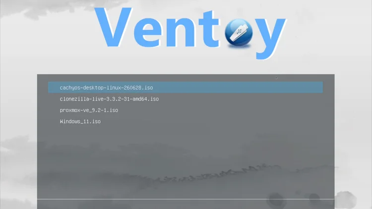 The Ventoy boot menu listing the cachyos, clonezilla, proxmox and windows 11 ISO files.
