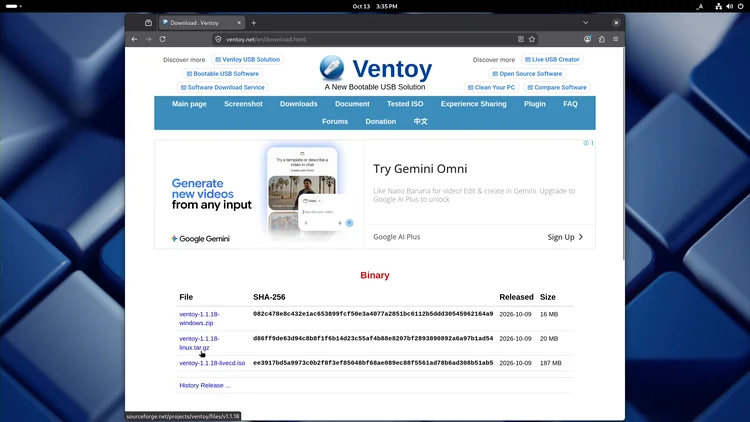 The ventoy.net download page with the Binary table and the pointer on the linux.tar.gz file.