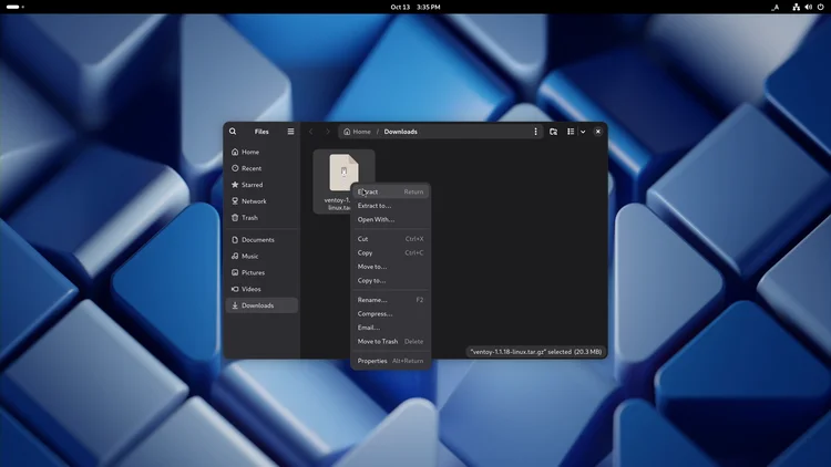 The file manager in the Downloads folder with the right-click menu open on the linux.tar.gz file and Extract at the top of the menu.