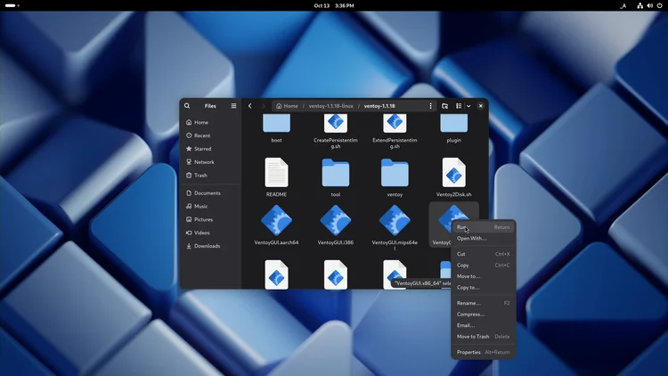 The file manager in the Ventoy folder with the right-click menu open on the VentoyGUI.x86_64 file and the pointer on Run.