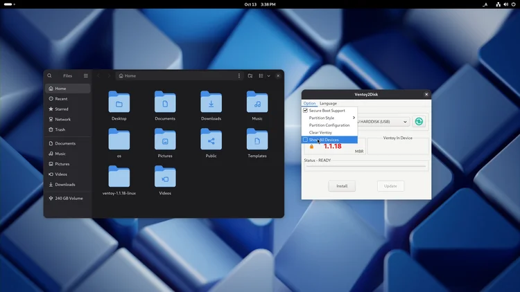 The Ventoy2Disk window with the Option menu open and Show All Devices highlighted.