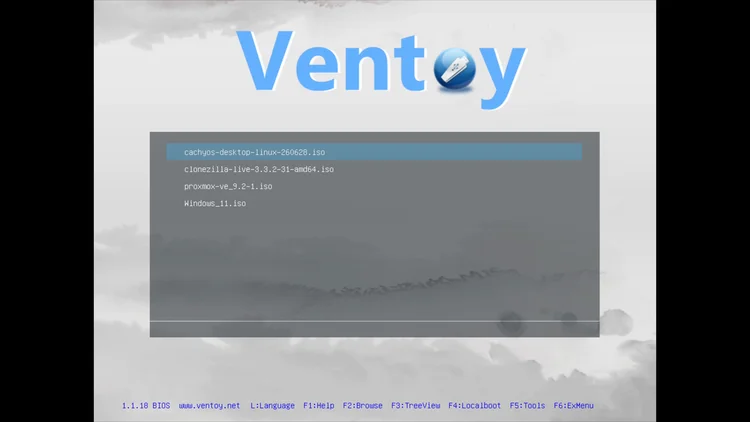 The Ventoy boot menu listing the cachyos, clonezilla, proxmox and windows 11 ISO files.