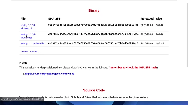The ventoy.net download page with the Binary table and the pointer on the linux.tar.gz file.
