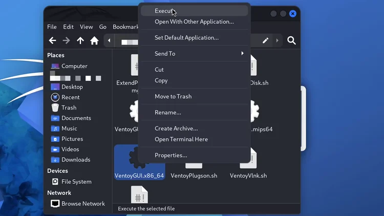 The file manager in the Ventoy folder with the right-click menu open on the VentoyGUI.x86_64 file and the pointer on Execute.