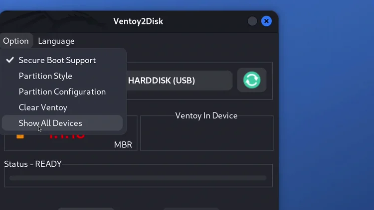 The Ventoy2Disk window with the Option menu open and Show All Devices highlighted.