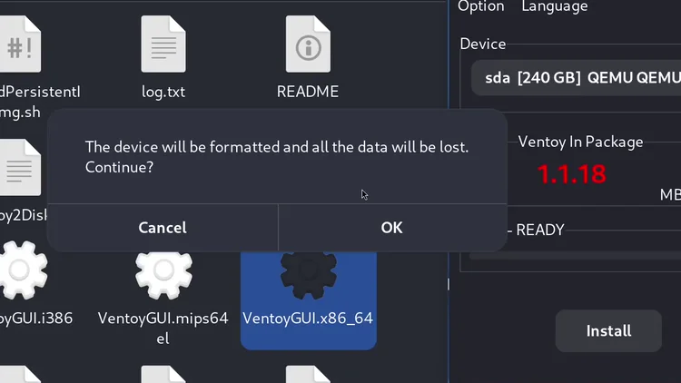 The Ventoy2Disk warning that the device will be formatted and all the data will be lost, with Cancel and OK.