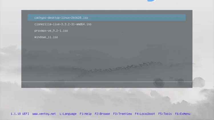 The Ventoy boot menu listing the cachyos, clonezilla, proxmox and windows 11 ISO files.
